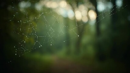 Dew-kissed spiderweb in a forest