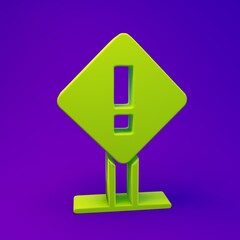 Fototapete - Green Exclamation mark in square frame icon isolated on purple-blue background. Hazard warning sign, careful, attention, danger warning important sign. Minimalism concept. 3D render illustration