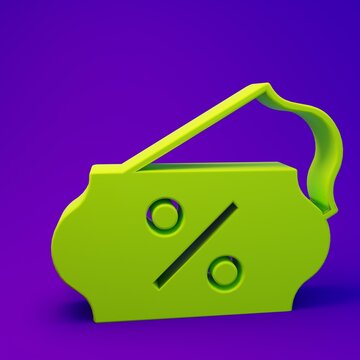 Green Discount percent tag icon isolated on purple-blue background. Shopping tag sign. Special offer sign. Discount coupons symbol. Minimalism concept. 3D render illustration