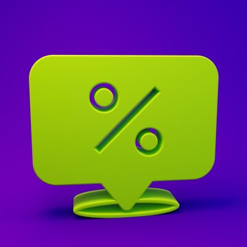 Green Discount percent tag icon isolated on purple-blue background. Shopping tag sign. Special offer sign. Discount coupons symbol. Minimalism concept. 3D render illustration