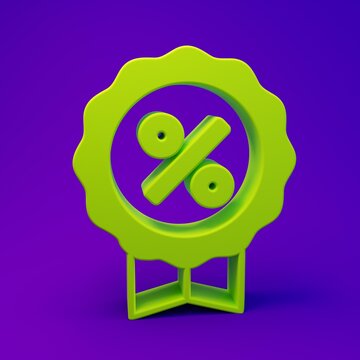 Green Discount percent tag icon isolated on purple-blue background. Shopping tag sign. Special offer sign. Discount coupons symbol. Minimalism concept. 3D render illustration