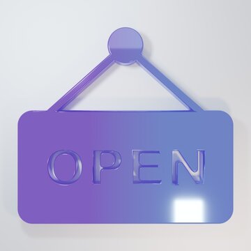 Purple-blue Hanging sign with text Open door icon isolated on grey background. Minimalism concept. 3D render illustration