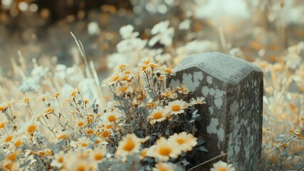 Poster - A single stone lies amidst a vibrant field of yellow flowers