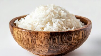 Poster - A simple still life scene featuring a wooden bowl filled with rice sitting on a table