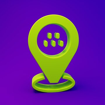 Green Map pointer with taxi car icon isolated on purple-blue background. Location symbol. Minimalism concept. 3D render illustration