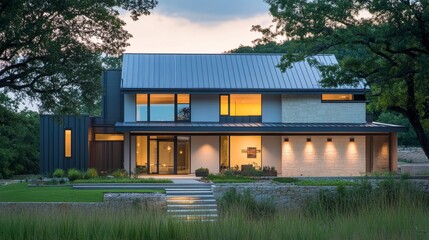 Poster - Architecturally modern green home with exterior heat pump unit, metal roofing, and energy-saving climate control technology