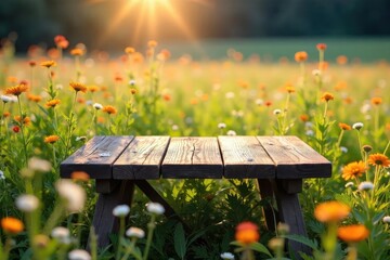 Wall Mural - Rustic Wooden Table in Wildflower Field, Bathed in Warm Sunlight Peaceful Countryside Scene