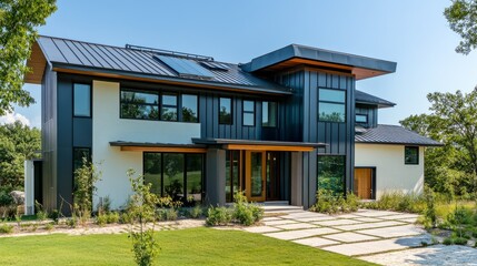 Poster - Architecturally modern green home with exterior heat pump unit, metal roofing, and energy-saving climate control technology