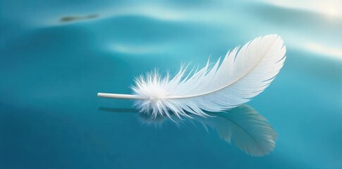 Wall Mural - Pristine White Feather Floating on Tranquil Blue Water Purity, Serenity, and Delicate Beauty