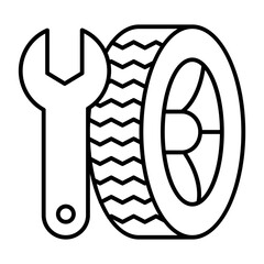 Poster - Wrench tool and car wheel thin line icon, tires fitting concept. Vector graphics. Changing wheels, car service sign on white background, style mobile or design.