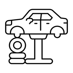 Poster - Car vehicle on lift with tires thin line icon, car service concept. Vector graphics. Lift with automobile, chassis repair sign on white background, style mobile or design.