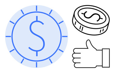 Poster - Dollar sign in circular background, coin outline, thumbs-up icon. Ideal for finance, business, currency exchange, investment, savings, economy and simple landing page