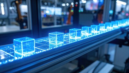 Poster - Futuristic digital display with illuminated transparent cubes arranged in a line, showcasing advanced technology and innovative design in a modern environment