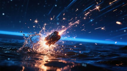 Wall Mural - Sparkling Object Splashing into Water with Radiant Light Effects