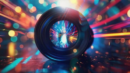 Aufkleber - Close-up shot of a camera lens with bright lights in the background, ideal for use in photography or technology-related contexts