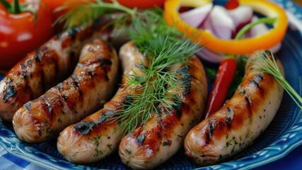 Poster - A plate of grilled sausages and vegetables served on a table