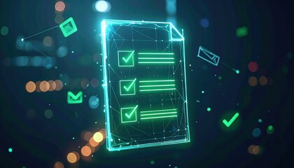 Poster - Digital holographic checklist displayed on futuristic transparent screen with glowing checkmarks and icons in a high-tech cyber environment