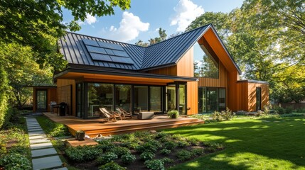 Poster - Energy-saving modern residence with angled metal roof and outdoor heat pump unit, surrounded by eco-friendly gardens and bright sunlight