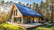 © Intach - Green energy smart home with solar panels glistening in sunlight, heat pump system installed at side, surrounded by tall trees