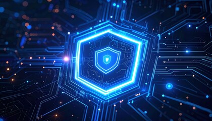 Poster - Futuristic digital security shield icon in neon blue with cybersecurity network background symbolizing data protection and digital safety concepts