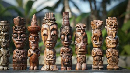Poster - A group of carved wooden statues sit on a table, offering a decorative display