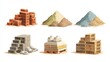 © Johannes - Building material piles. Red and lime brick, cement heaps. Gravel pile and reinforced concrete slabs isolated vector set. Industrial pile brick, block and sand and stone illustration, no logos, no br
