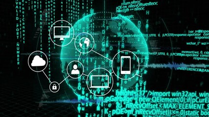 Poster - Grid opening Earth rotating, padlock and user icons connecting globe, creating secure cloud network