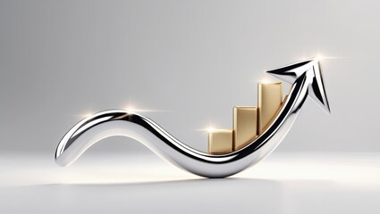 Poster - Modern financial growth concept with a sleek silver arrow curving upward alongside golden ascending bar chart symbolizing success and economic progress