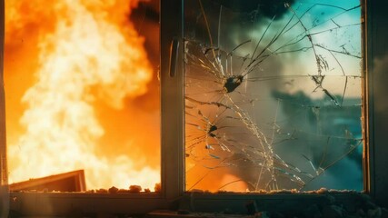 Poster - A broken window with flames licking at the edges