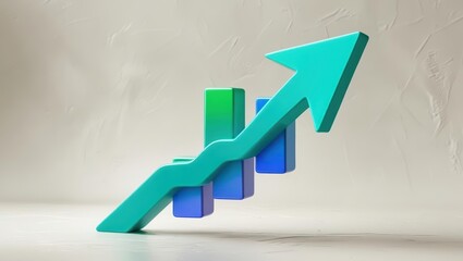 Poster - Modern 3D Graph Chart with Upward Arrow Displaying Business Growth and Increasing Data Trends on a Neutral Wall Background