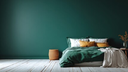 Poster - Copy space on empty dark green wall of trendy bedroom interior, no logos, no brands