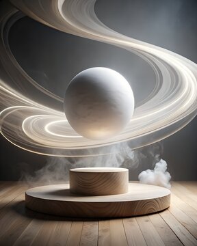 Photo of a white sphere levitates above a wooden platform with swirling light trails and smoke, set against a gray background