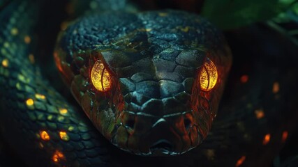 Poster - A close-up view of a snake's head with glowing eyes, suitable for use in scenes depicting reptiles or wildlife