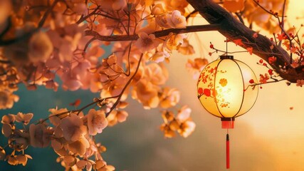 Poster - A single Chinese lantern hangs from a tree branch