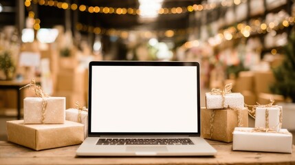 Wall Mural - Laptop computer with white blank empty mock up screen on Merry Christmas table with presents gifts boxes in warehouse background. Ecommerce website xmas online shopping and shipping delivery, banner.