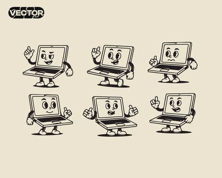 Retro Laptop Character Illustrations Six Unique Poses in Vintage Style