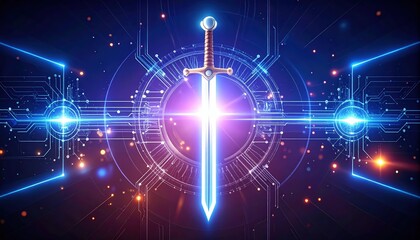 Poster - Futuristic glowing sword surrounded by vibrant digital energy lines and geometric patterns with neon lights and a science fiction inspired abstract background