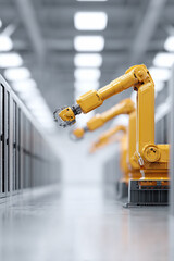 Poster - Robotic arms aligned in a futuristic factory. Bright yellow machinery against a gray background. Symbolizes automation, efficiency, and technology. Perfect for industrial or tech themes.