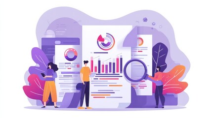 Poster - Company activity stats automation. Paperwork optimization. Business intelligence, vision and scope document, software requirement description metaphors. Vector isolated concept metaphor illustrations