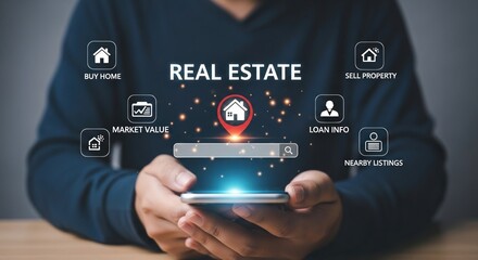 Poster - Modern digital real estate application with icons indicating buy sell market value loan info and nearby listings on smartphone screen