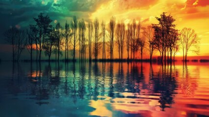 Aufkleber - A beautiful sunset scene with trees reflected in calm water