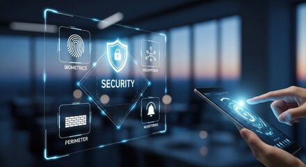 Poster - Modern digital security concept with biometric fingerprint scanner and smartphone