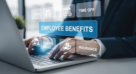 Poster - Business professional using digital touchscreen interface for employee benefits insurance premiums