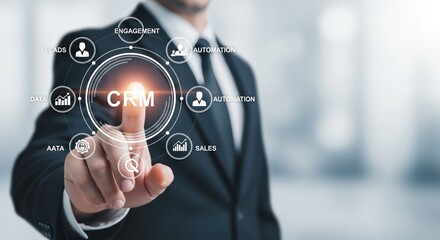 Poster - Businessman in suit interacting with digital CRM interface highlighting customer relationship management system
