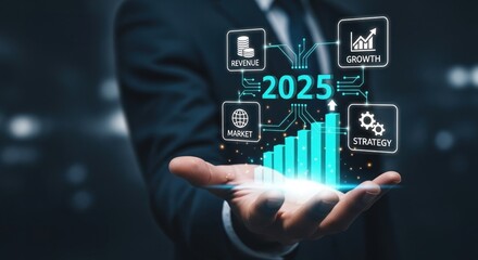 Aufkleber - Businessman holding digital graph and chart showing growth strategies in 2025