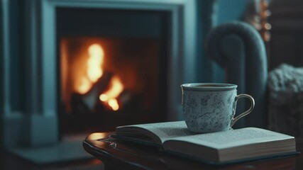 Poster - A cup of coffee sits on top of an open book