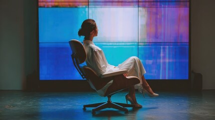 Poster - Young businesswoman in chair near tv screen with click, no logos, no brands