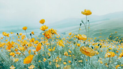 Poster - A field of bright yellow flowers set against a stunning mountain backdrop