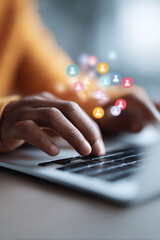 Poster - Connecting people online. Focus on hands typing on a laptop with social media icons above. Use for social networking, remote work, or global communication.