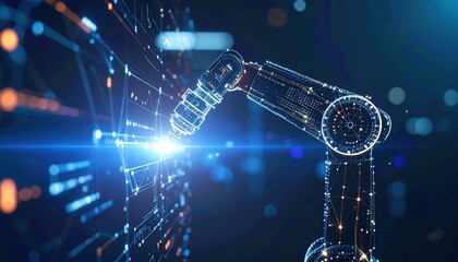 Poster - Advanced robotic arm technology with futuristic digital interface and glowing data connections representing automation and artificial ligence innovation